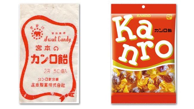 Kanro ซ้าย: แพ็กเกจตอนวางขายปี 1955, ขวา: แพ็กเกจหลังปรับรูปแบบปี 2015