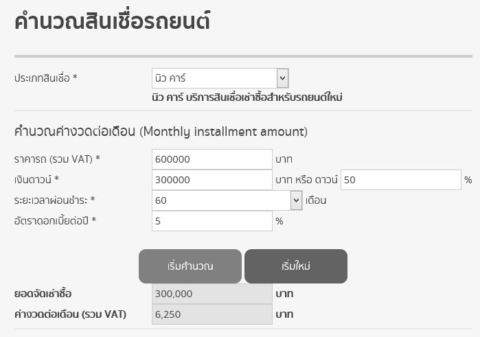 เครื่องมือช่วยคำนวณสินเชื่อรถยนตผ่อนรถใหม่